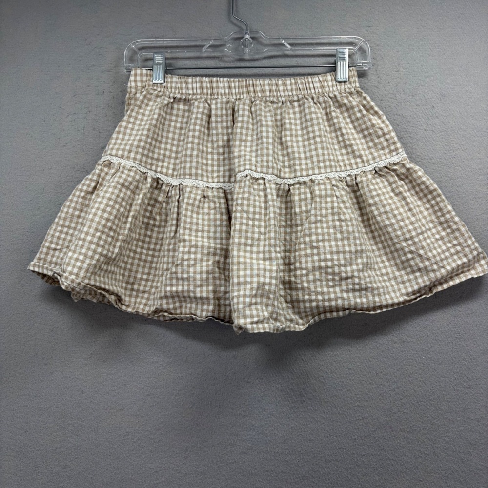 Big Waterblue Sky Gingham Mini Skirt Womens M Tan Tiered Lace Trim Cotton‎